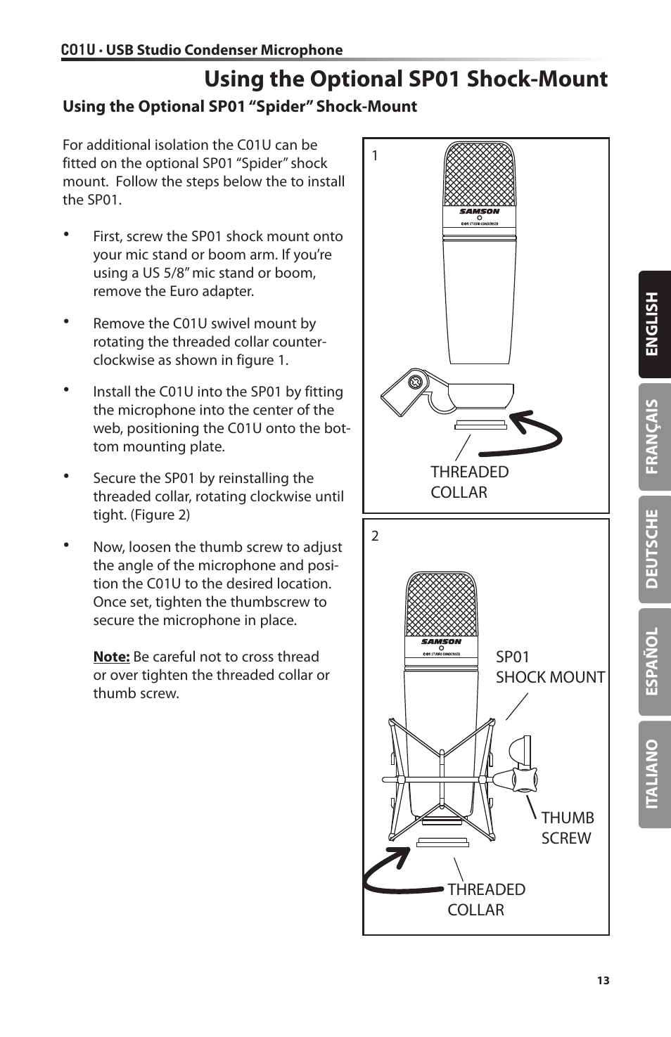 Using the optional sp01 shock-mount | Samson C01U Pro USB Studio Condenser Microphone (Silver) User Manual | Page 13 / 64