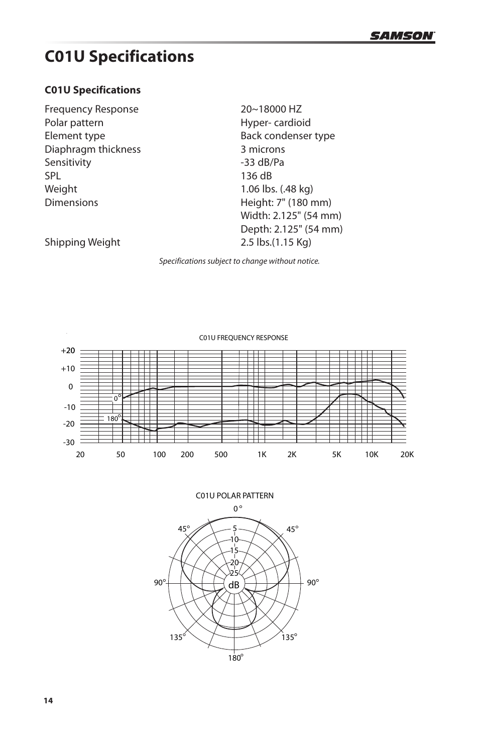 C01u specifications | Samson C01U Pro USB Studio Condenser Microphone (Silver) User Manual | Page 14 / 64