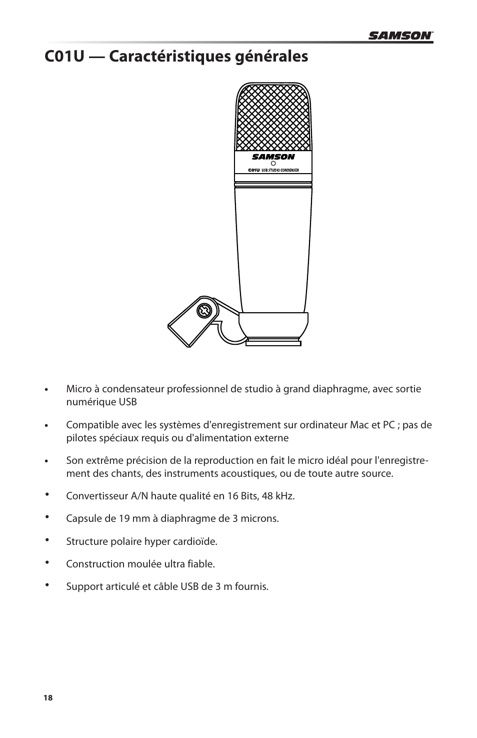 C01u — caractéristiques générales | Samson C01U Pro USB Studio Condenser Microphone (Silver) User Manual | Page 18 / 64