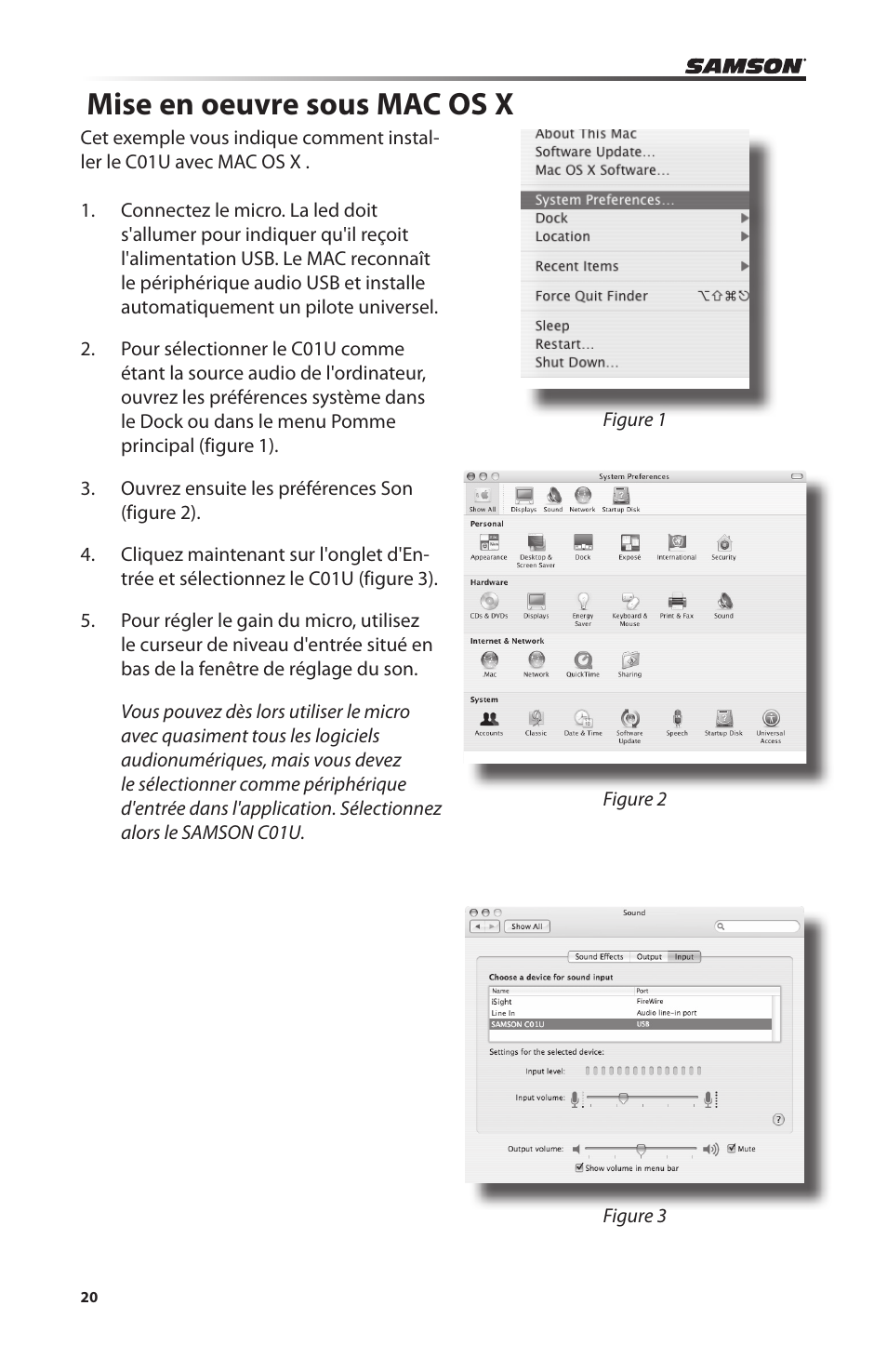 Mise en oeuvre sous mac os x | Samson C01U Pro USB Studio Condenser Microphone (Silver) User Manual | Page 20 / 64