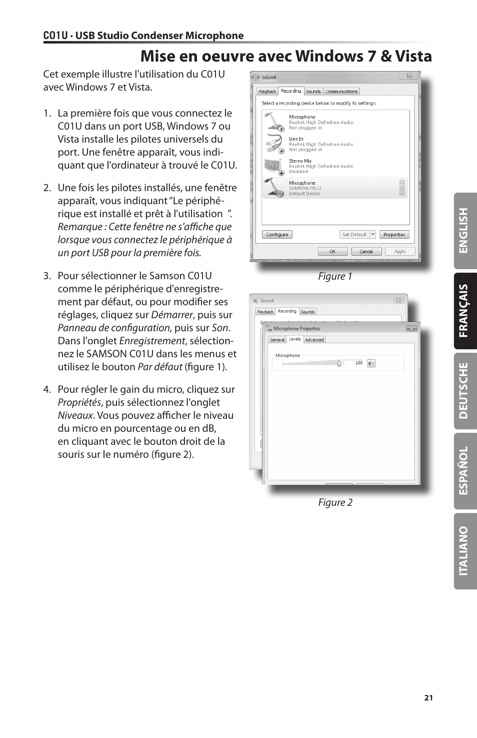 Mise en oeuvre avec windows 7 & vista | Samson C01U Pro USB Studio Condenser Microphone (Silver) User Manual | Page 21 / 64