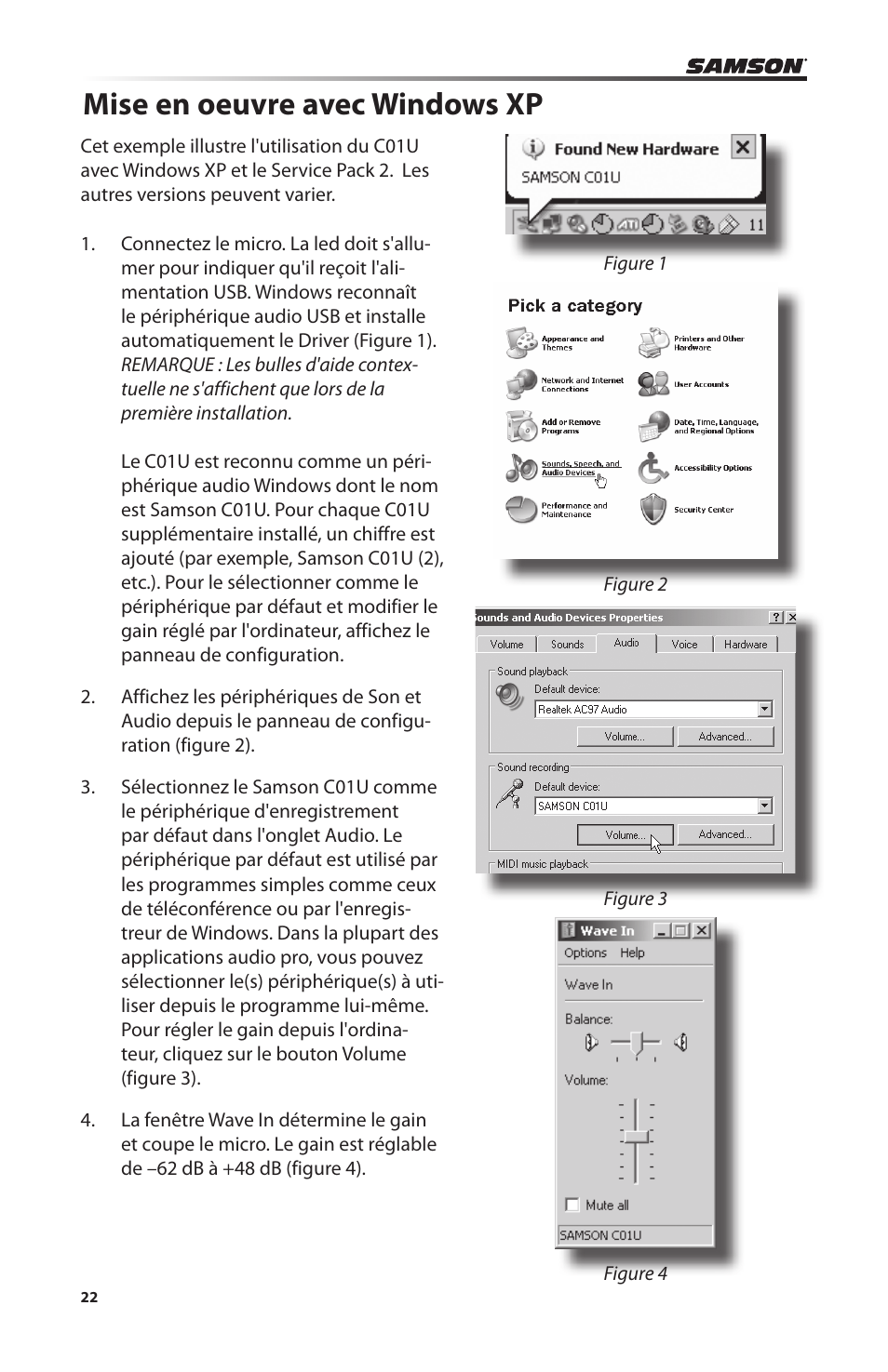 Mise en oeuvre avec windows xp | Samson C01U Pro USB Studio Condenser Microphone (Silver) User Manual | Page 22 / 64