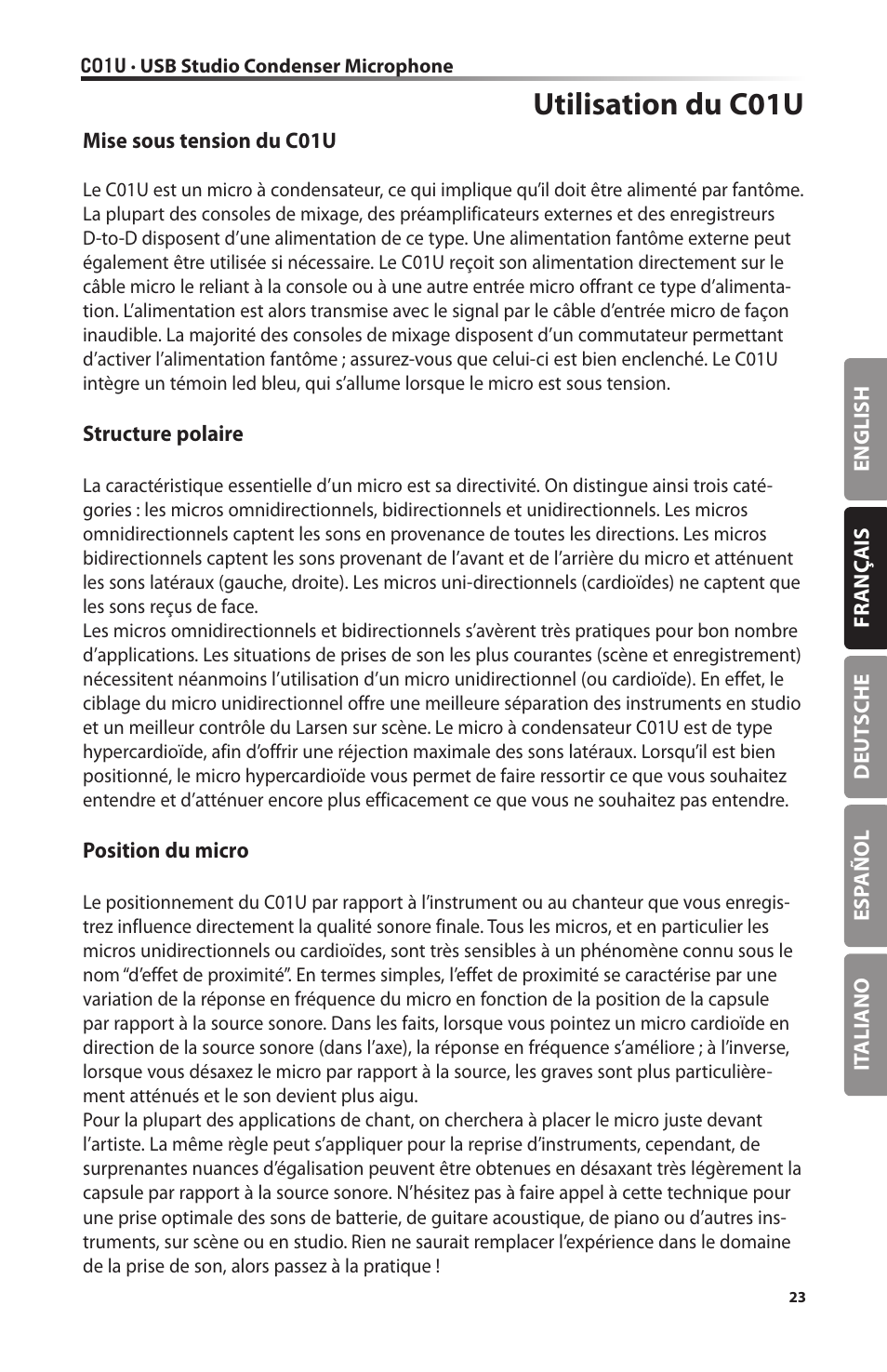 Utilisation du c01u | Samson C01U Pro USB Studio Condenser Microphone (Silver) User Manual | Page 23 / 64