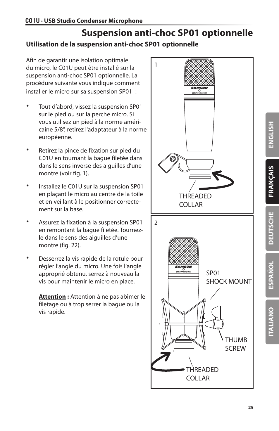 Suspension anti-choc sp01 optionnelle | Samson C01U Pro USB Studio Condenser Microphone (Silver) User Manual | Page 25 / 64