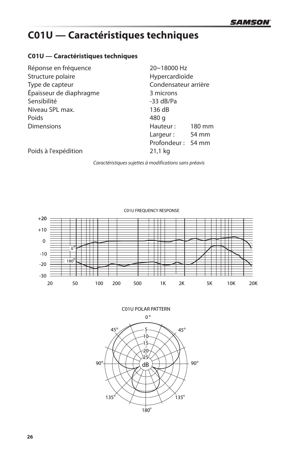 C01u — caractéristiques techniques | Samson C01U Pro USB Studio Condenser Microphone (Silver) User Manual | Page 26 / 64