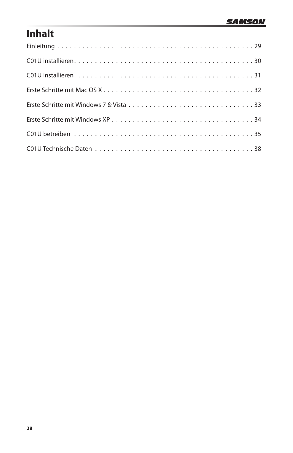 Inhalt | Samson C01U Pro USB Studio Condenser Microphone (Silver) User Manual | Page 28 / 64