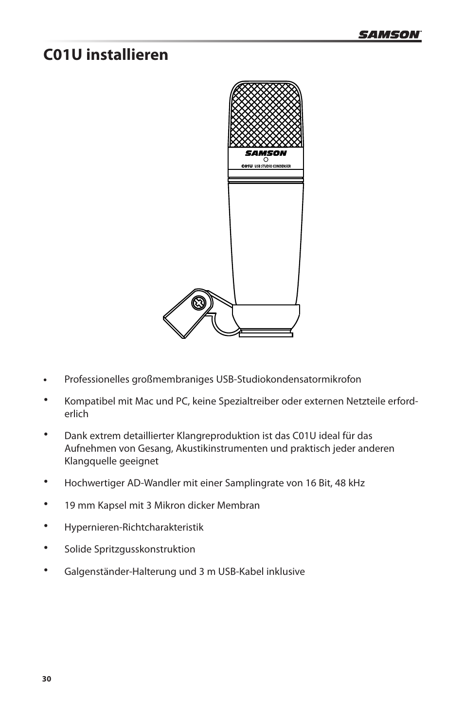 C01u installieren | Samson C01U Pro USB Studio Condenser Microphone (Silver) User Manual | Page 30 / 64