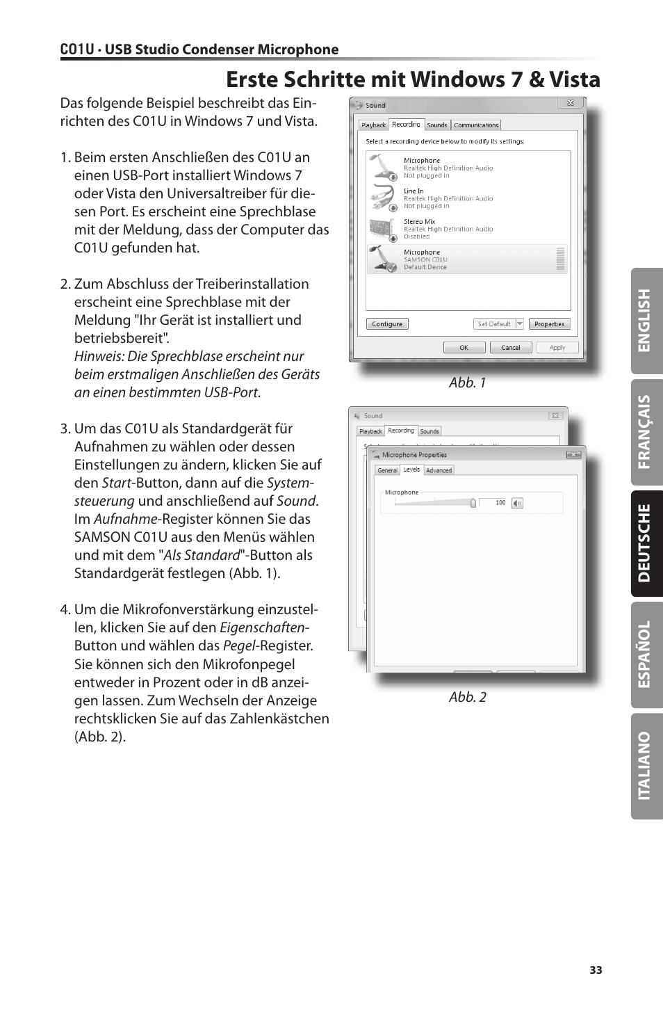 Erste schritte mit windows 7 & vista | Samson C01U Pro USB Studio Condenser Microphone (Silver) User Manual | Page 33 / 64