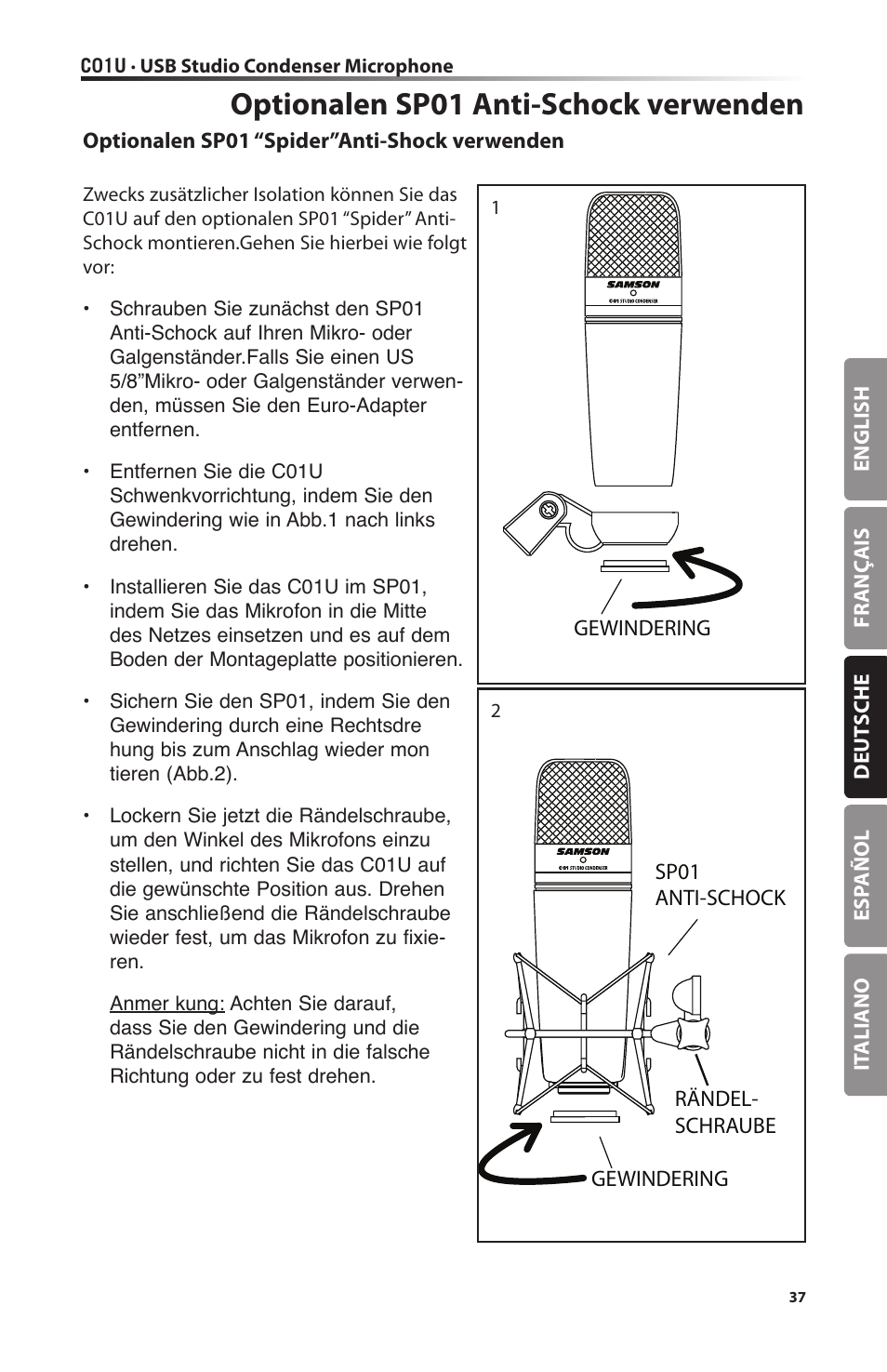 Optionalen sp01 anti-schock verwenden | Samson C01U Pro USB Studio Condenser Microphone (Silver) User Manual | Page 37 / 64