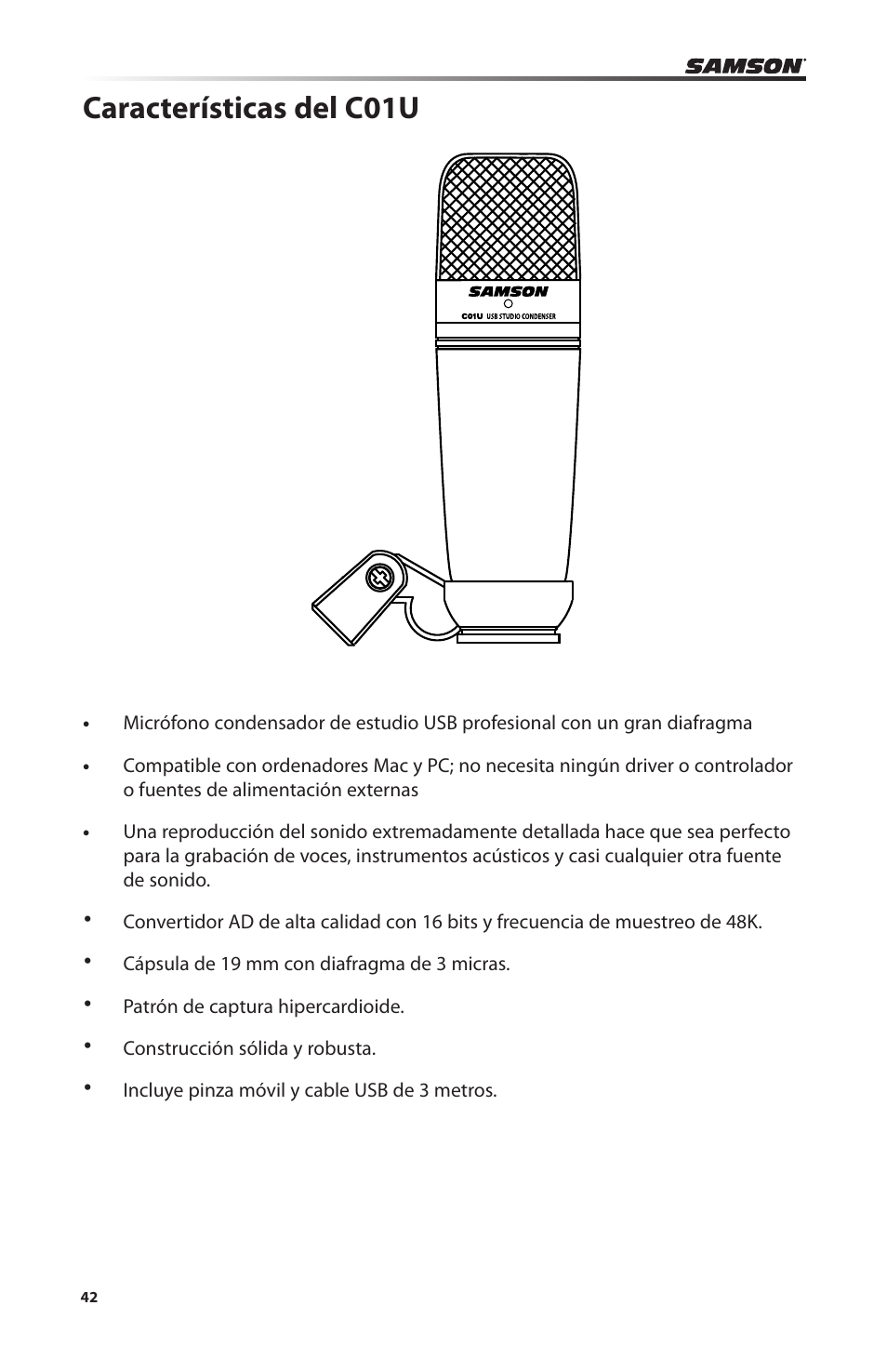 Características del c01u | Samson C01U Pro USB Studio Condenser Microphone (Silver) User Manual | Page 42 / 64