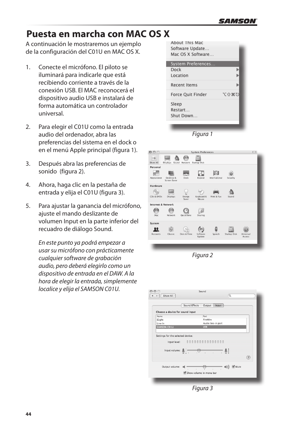 Puesta en marcha con mac os x | Samson C01U Pro USB Studio Condenser Microphone (Silver) User Manual | Page 44 / 64