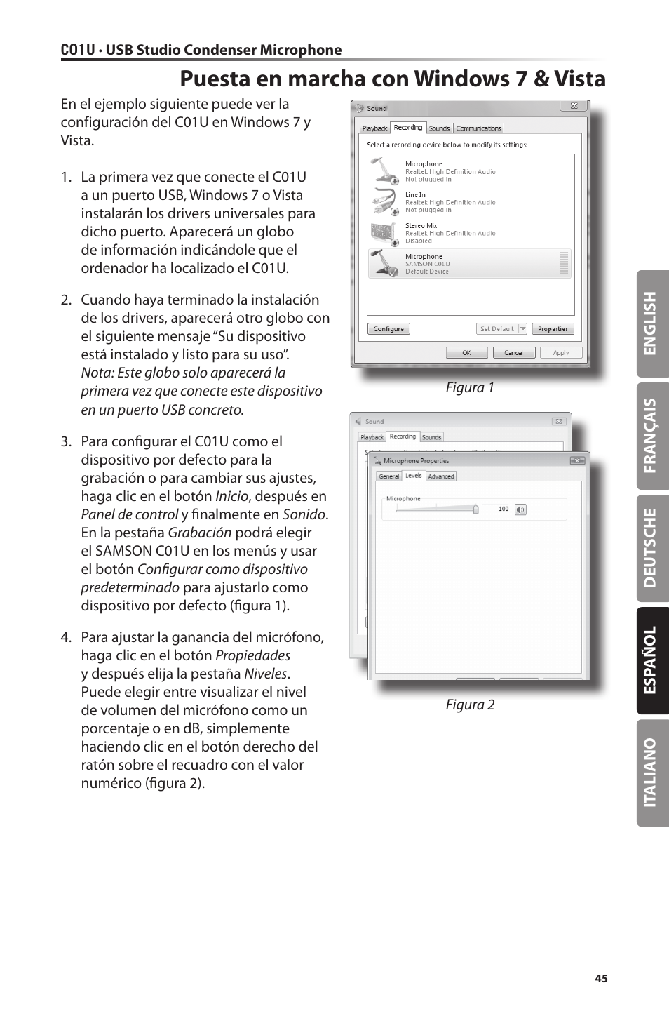 Puesta en marcha con windows 7 & vista | Samson C01U Pro USB Studio Condenser Microphone (Silver) User Manual | Page 45 / 64