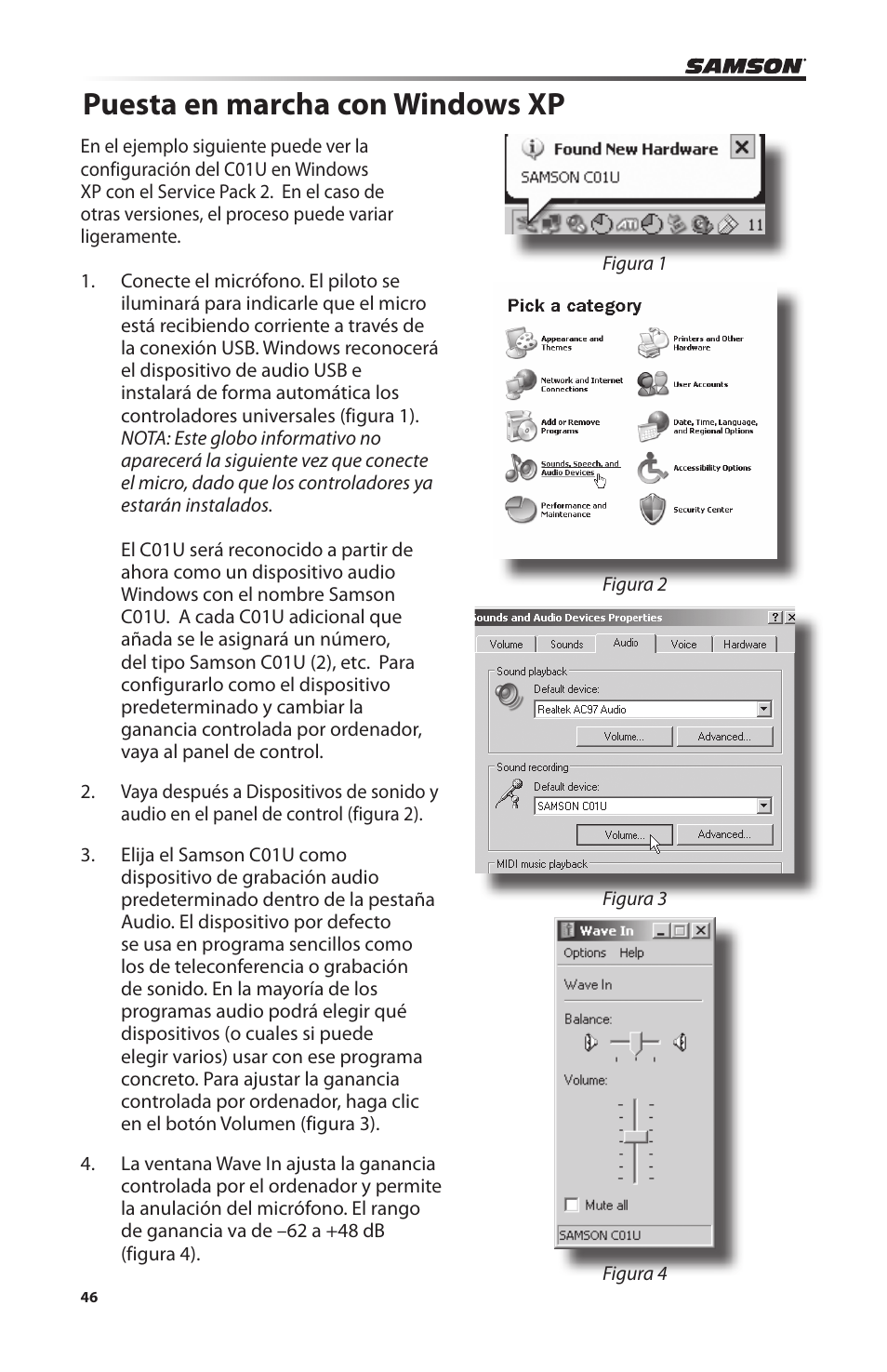 Puesta en marcha con windows xp | Samson C01U Pro USB Studio Condenser Microphone (Silver) User Manual | Page 46 / 64