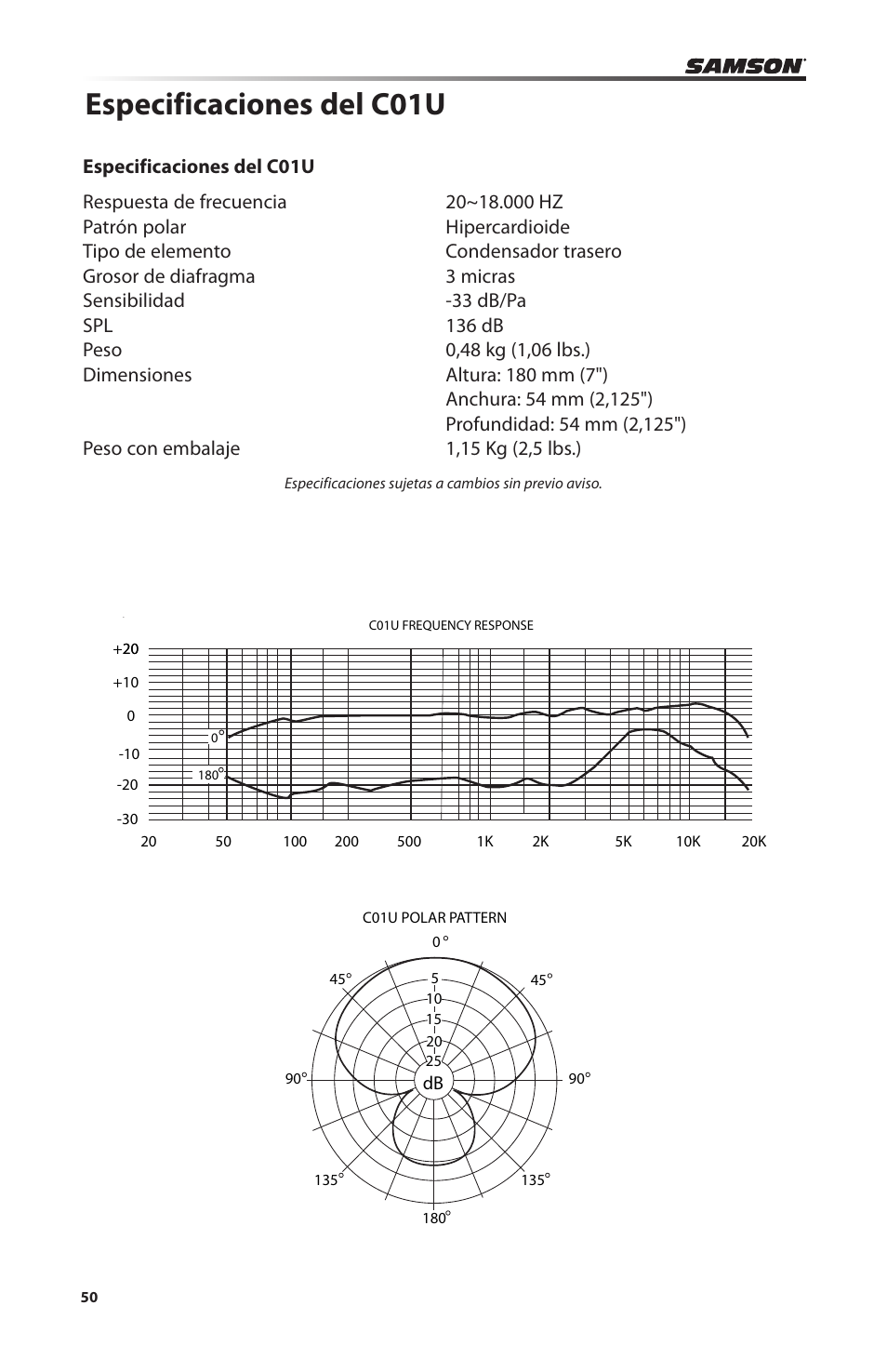 Especificaciones del c01u | Samson C01U Pro USB Studio Condenser Microphone (Silver) User Manual | Page 50 / 64