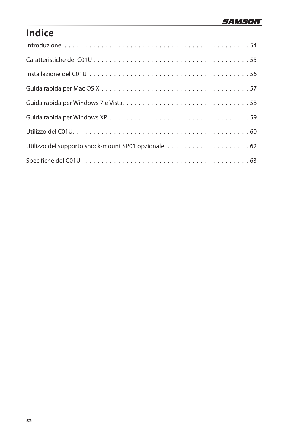 Indice | Samson C01U Pro USB Studio Condenser Microphone (Silver) User Manual | Page 52 / 64