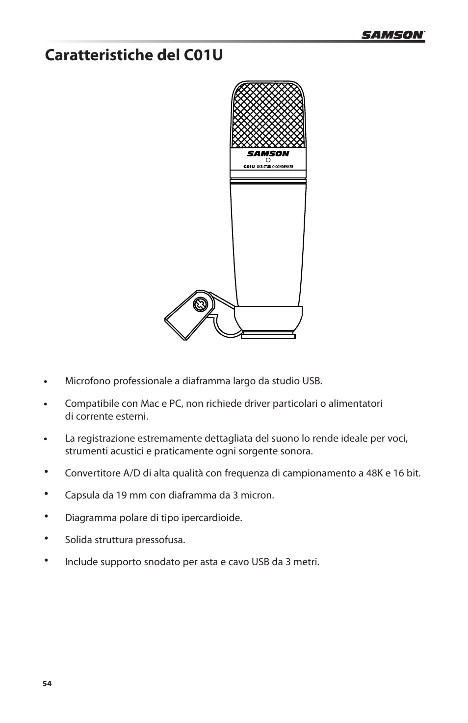 Caratteristiche del c01u | Samson C01U Pro USB Studio Condenser Microphone (Silver) User Manual | Page 54 / 64