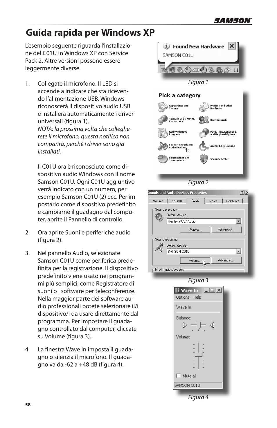 Guida rapida per windows xp | Samson C01U Pro USB Studio Condenser Microphone (Silver) User Manual | Page 58 / 64