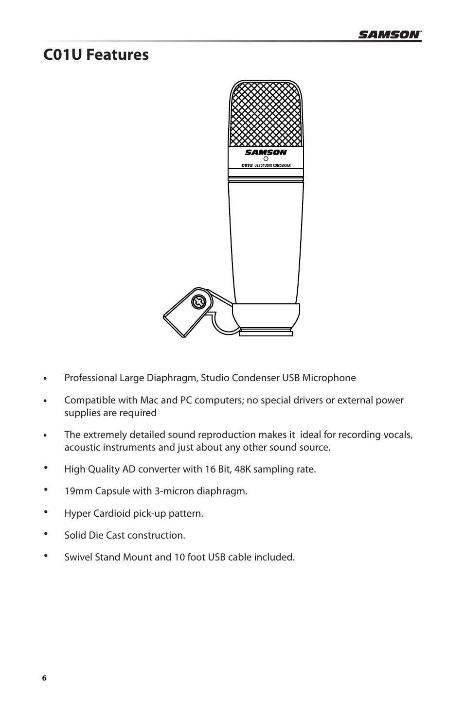 C01u features | Samson C01U Pro USB Studio Condenser Microphone (Silver) User Manual | Page 6 / 64