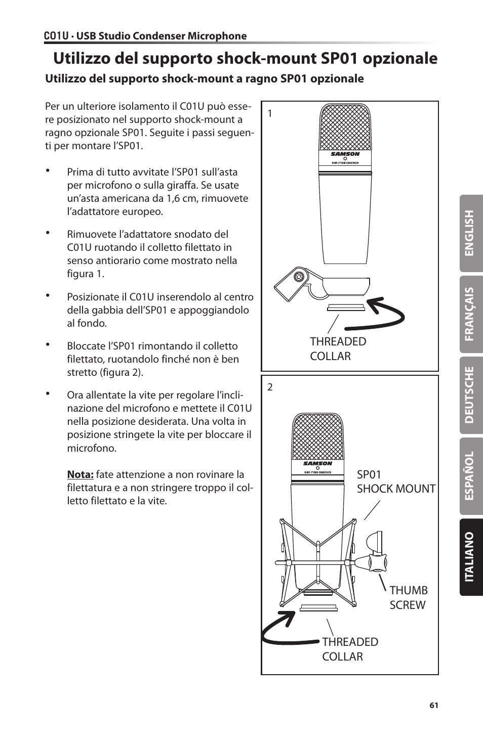 Utilizzo del supporto shock-mount sp01 opzionale | Samson C01U Pro USB Studio Condenser Microphone (Silver) User Manual | Page 61 / 64