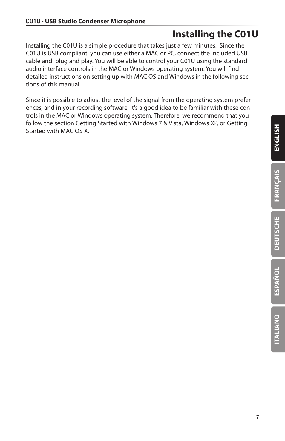 Installing the c01u | Samson C01U Pro USB Studio Condenser Microphone (Silver) User Manual | Page 7 / 64