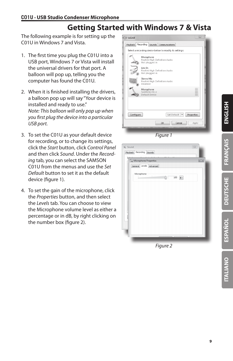 Getting started with windows 7 & vista | Samson C01U Pro USB Studio Condenser Microphone (Silver) User Manual | Page 9 / 64