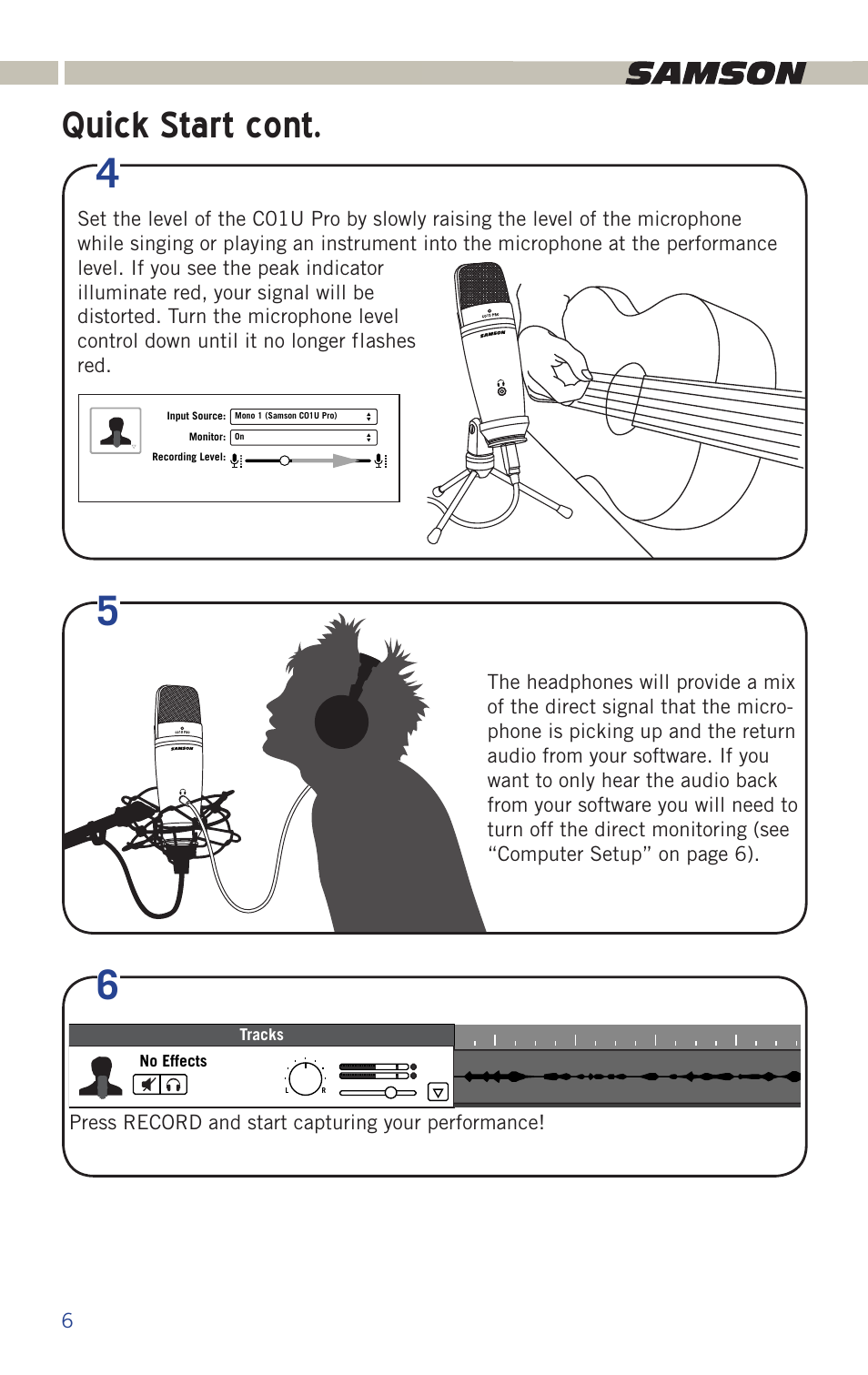 Quick start cont | Samson C01U Pro USB Studio Condenser Microphone (Silver) User Manual | Page 6 / 11