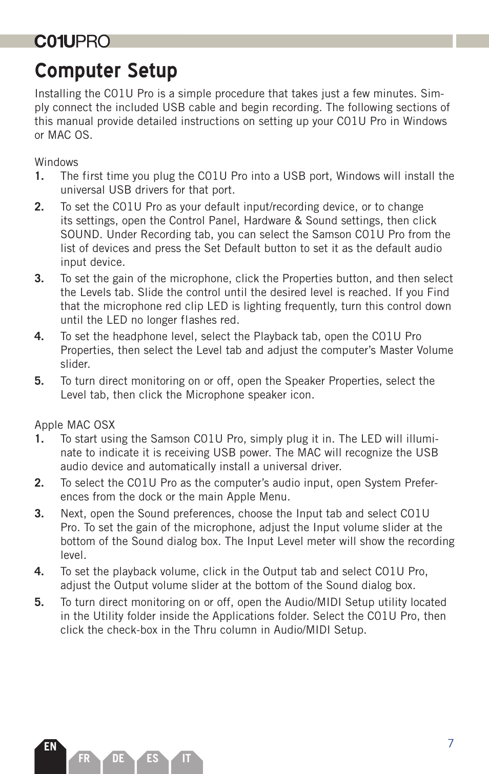 Computer setup | Samson C01U Pro USB Studio Condenser Microphone (Silver) User Manual | Page 7 / 11