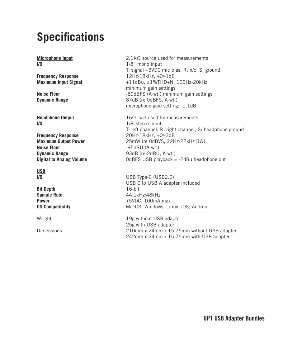 Specifications, Up1 usb adapter bundles | Samson LMU1 Broadcast Lavalier Microphone with USB Adapter User Manual | Page 3 / 4