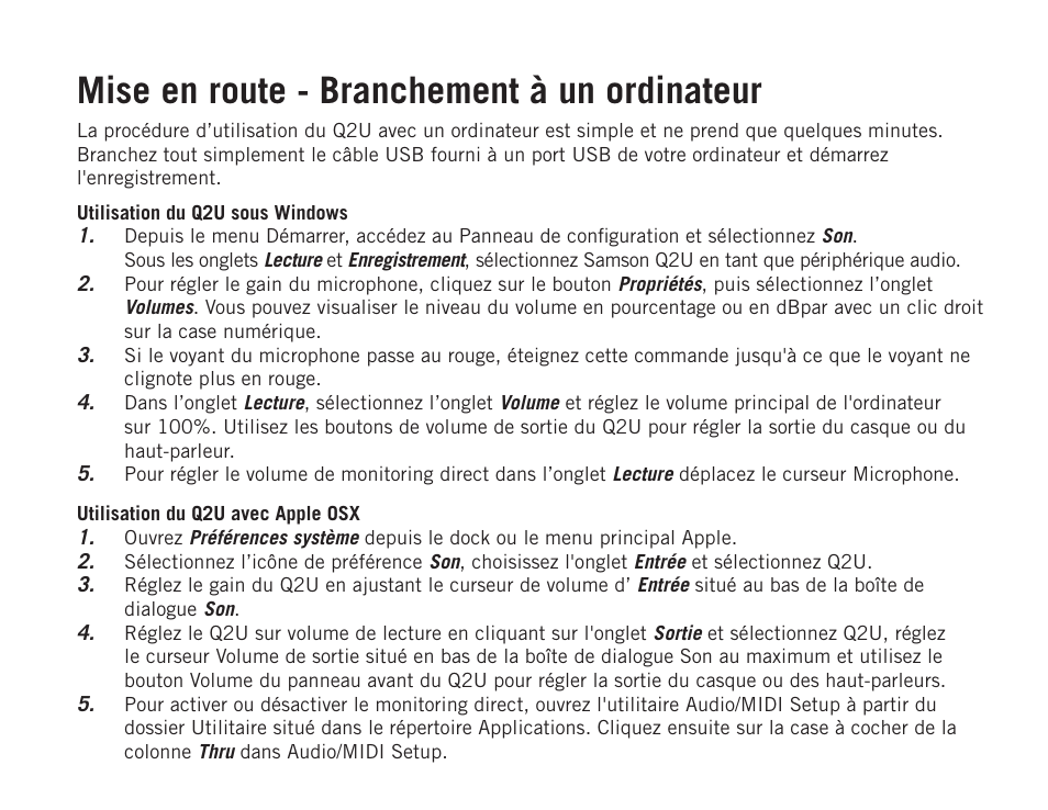 Mise en route - branchement à un ordinateur | Samson Q2U USB Recording and Podcasting Pack (Slate) User Manual | Page 14 / 52