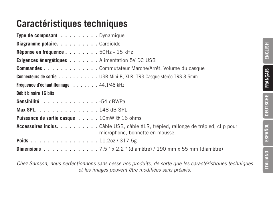 Caractéristiques techniques | Samson Q2U USB Recording and Podcasting Pack (Slate) User Manual | Page 19 / 52