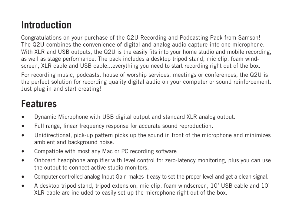 Introduction, Features | Samson Q2U USB Recording and Podcasting Pack (Slate) User Manual | Page 2 / 52