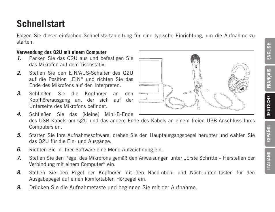 Schnellstart | Samson Q2U USB Recording and Podcasting Pack (Slate) User Manual | Page 25 / 52