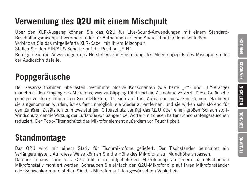 Verwendung des q2u mit einem mischpult, Poppgeräusche, Standmontage | Samson Q2U USB Recording and Podcasting Pack (Slate) User Manual | Page 27 / 52