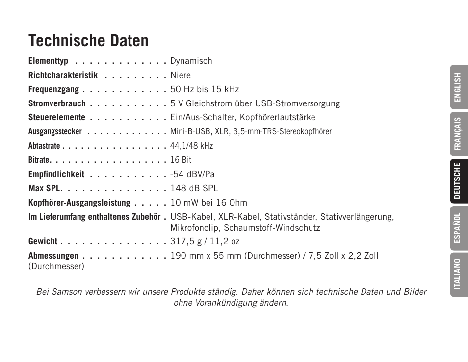 Technische daten | Samson Q2U USB Recording and Podcasting Pack (Slate) User Manual | Page 29 / 52