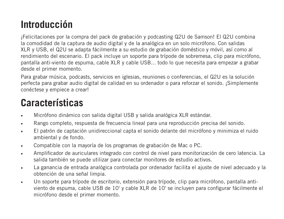 Introducción, Características | Samson Q2U USB Recording and Podcasting Pack (Slate) User Manual | Page 32 / 52