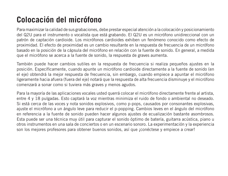 Colocación del micrófono | Samson Q2U USB Recording and Podcasting Pack (Slate) User Manual | Page 36 / 52