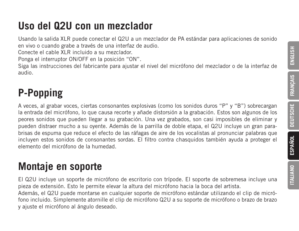 Uso del q2u con un mezclador, P-popping, Montaje en soporte | Samson Q2U USB Recording and Podcasting Pack (Slate) User Manual | Page 37 / 52