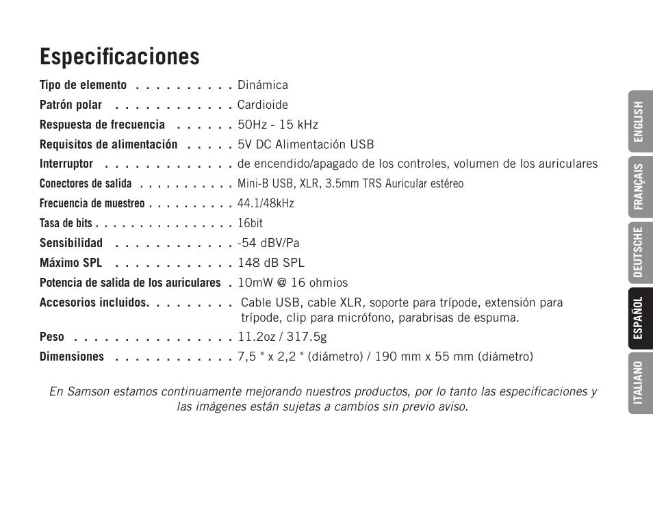 Especificaciones | Samson Q2U USB Recording and Podcasting Pack (Slate) User Manual | Page 39 / 52