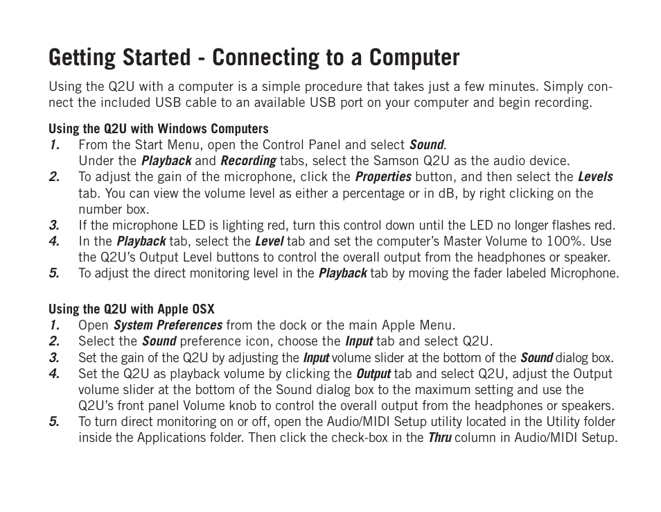 Getting started - connecting to a computer | Samson Q2U USB Recording and Podcasting Pack (Slate) User Manual | Page 4 / 52