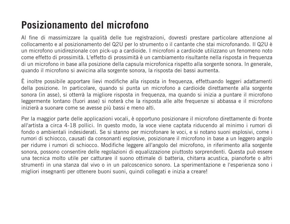 Posizionamento del microfono | Samson Q2U USB Recording and Podcasting Pack (Slate) User Manual | Page 46 / 52