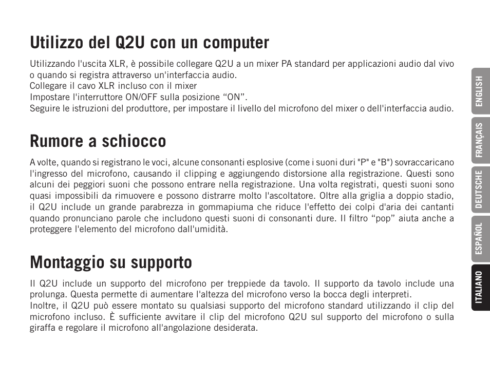 Utilizzo del q2u con un computer, Rumore a schiocco, Montaggio su supporto | Samson Q2U USB Recording and Podcasting Pack (Slate) User Manual | Page 47 / 52