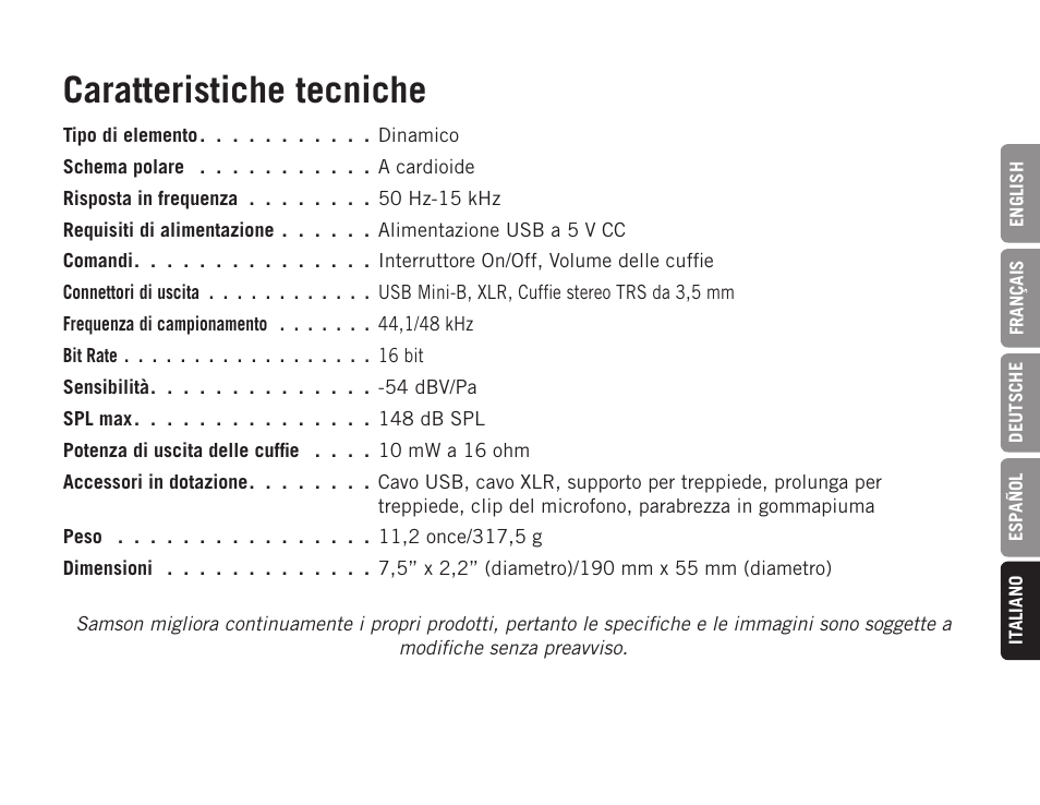 Caratteristiche tecniche | Samson Q2U USB Recording and Podcasting Pack (Slate) User Manual | Page 49 / 52