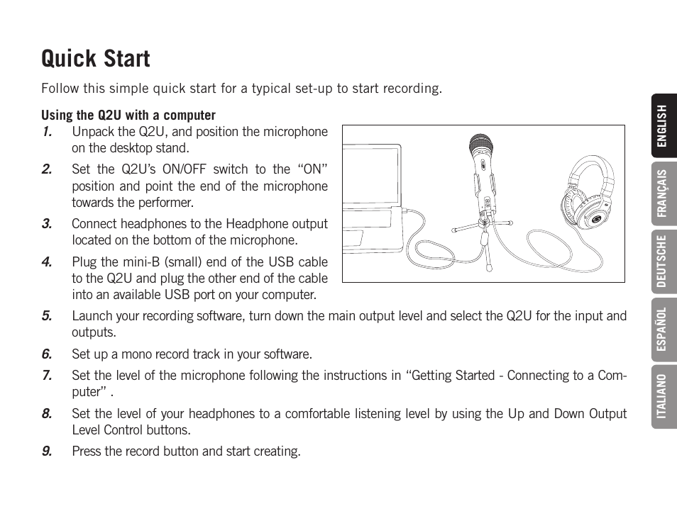 Quick start | Samson Q2U USB Recording and Podcasting Pack (Slate) User Manual | Page 5 / 52