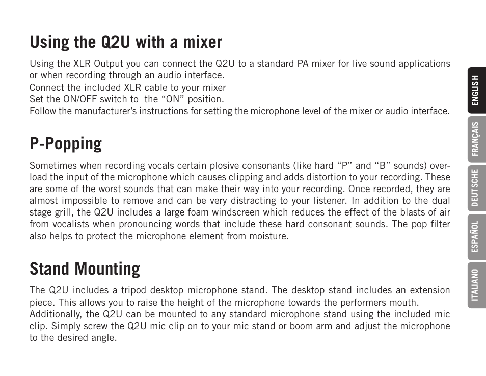 Using the q2u with a mixer, P-popping, Stand mounting | Samson Q2U USB Recording and Podcasting Pack (Slate) User Manual | Page 7 / 52