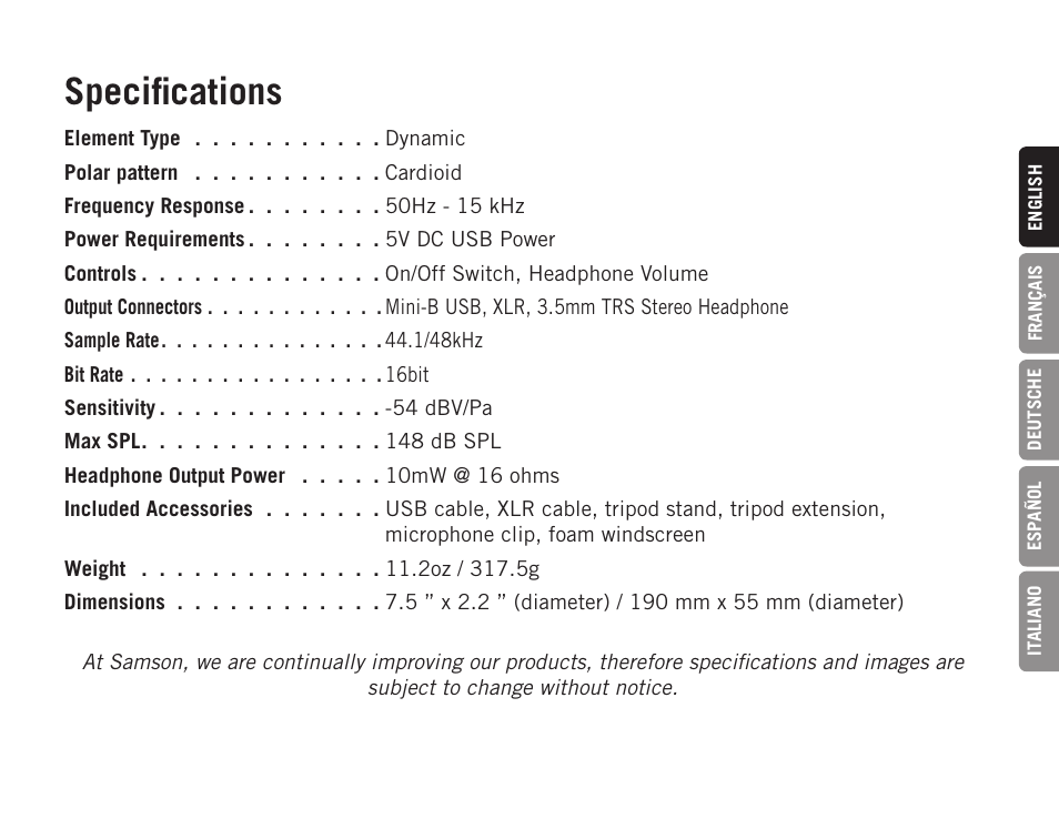 Specifications | Samson Q2U USB Recording and Podcasting Pack (Slate) User Manual | Page 9 / 52