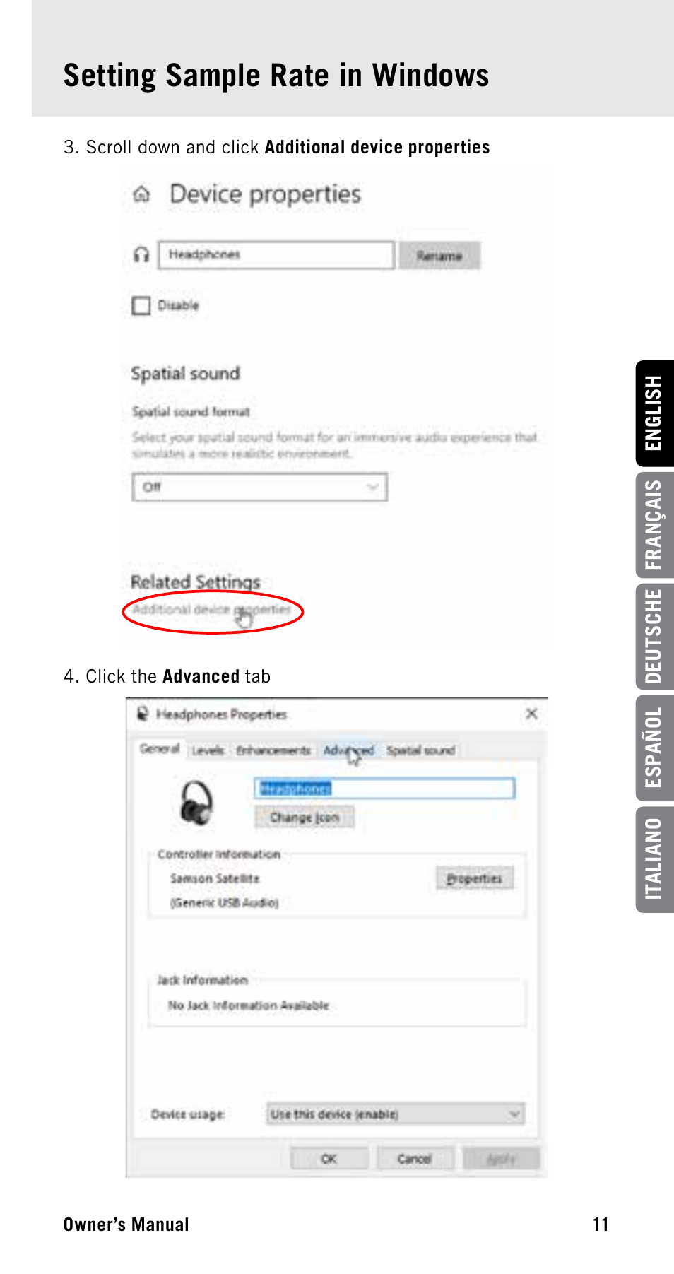 Setting sample rate in windows | Samson Satellite USB/iOS Broadcast Microphone User Manual | Page 11 / 88