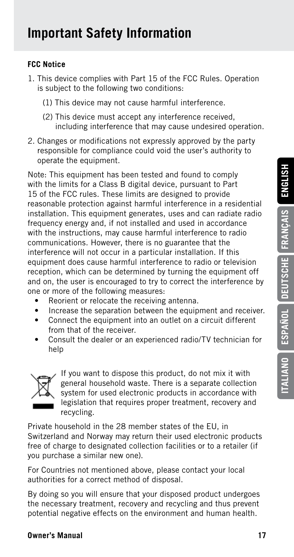 Important safety information | Samson Satellite USB/iOS Broadcast Microphone User Manual | Page 17 / 88