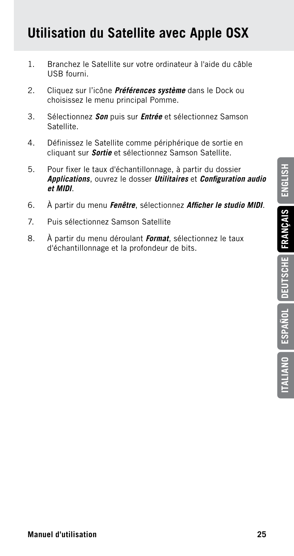 Utilisation du satellite avec apple osx | Samson Satellite USB/iOS Broadcast Microphone User Manual | Page 25 / 88