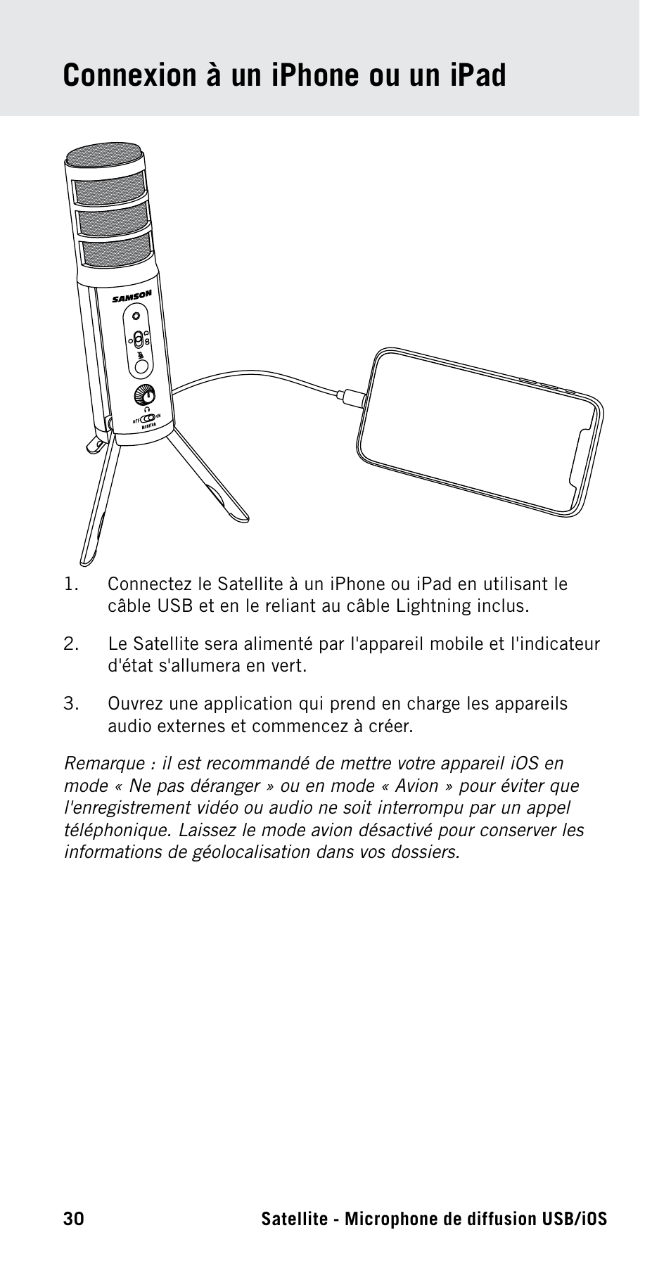 Connexion à un iphone ou un ipad | Samson Satellite USB/iOS Broadcast Microphone User Manual | Page 30 / 88