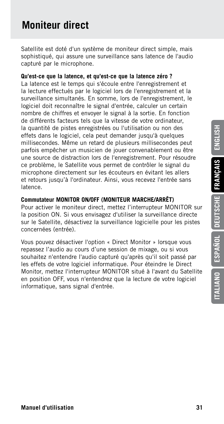 Moniteur direct | Samson Satellite USB/iOS Broadcast Microphone User Manual | Page 31 / 88